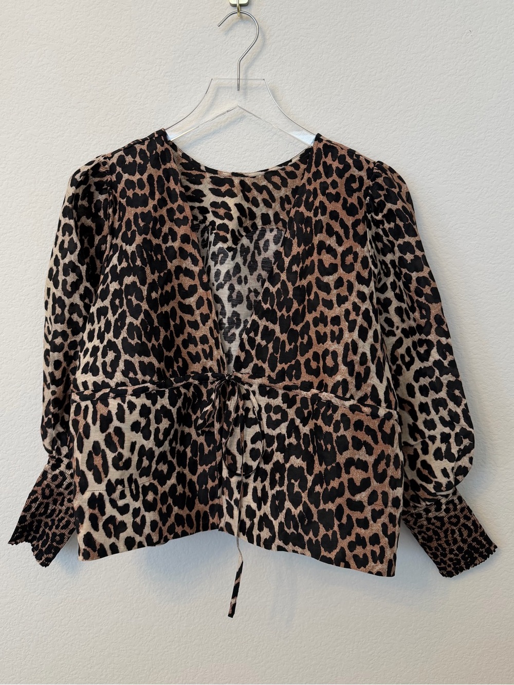 Ganni Leopard Silk Linen Tie Top 38